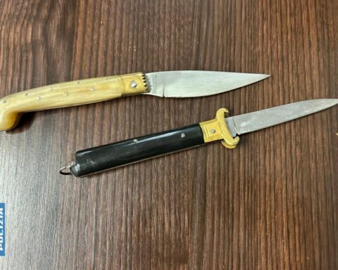 due coltelli con manico e lame da 9 e 10 cm su un tavolo di legno