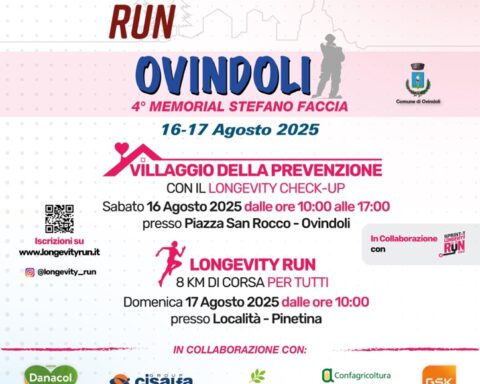 Locandina ufficiale della Longevity Run – Summer Edition 2025: al centro sport, prevenzione e benessere, con appuntamento il 16 e 17 agosto a Ovindoli. Colori vivaci e simboli dinamici per promuovere uno stile di vita sano tra natura e montagna.