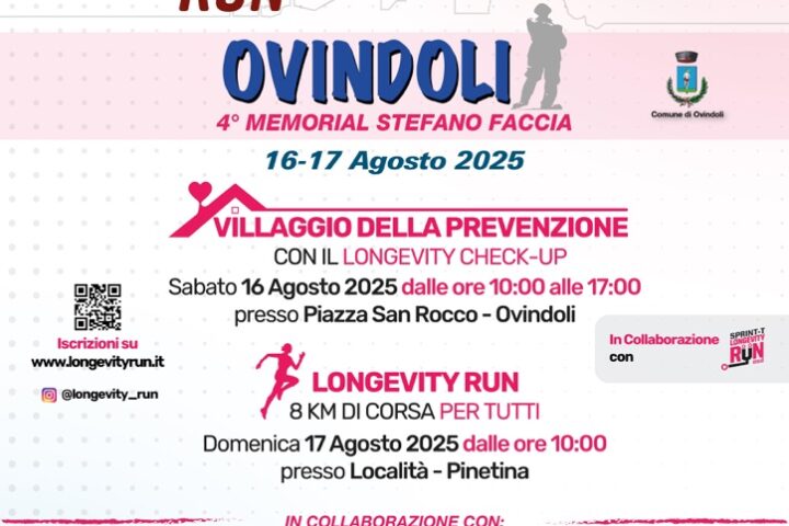Locandina ufficiale della Longevity Run – Summer Edition 2025: al centro sport, prevenzione e benessere, con appuntamento il 16 e 17 agosto a Ovindoli. Colori vivaci e simboli dinamici per promuovere uno stile di vita sano tra natura e montagna.