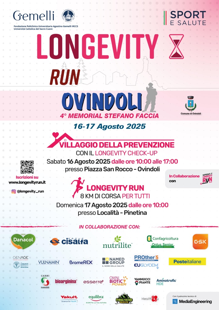 Locandina ufficiale della Longevity Run – Summer Edition 2025: al centro sport, prevenzione e benessere, con appuntamento il 16 e 17 agosto a Ovindoli. Colori vivaci e simboli dinamici per promuovere uno stile di vita sano tra natura e montagna.