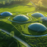 Veduta di un impianto di digestione anaerobica di ultima generazione, con cupole di bio-contenimento per trasformare la frazione organica in biometano e compost, riducendo emissioni e odori