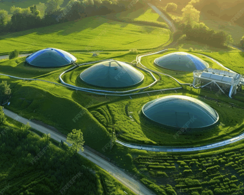 Veduta di un impianto di digestione anaerobica di ultima generazione, con cupole di bio-contenimento per trasformare la frazione organica in biometano e compost, riducendo emissioni e odori