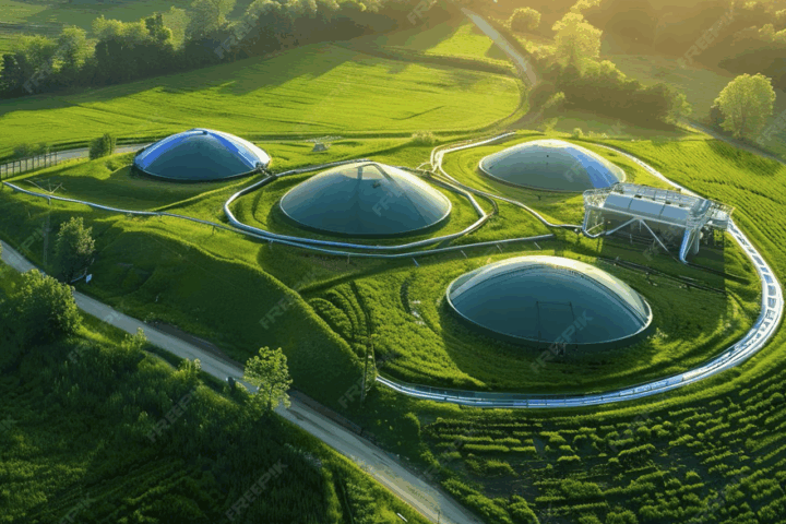Veduta di un impianto di digestione anaerobica di ultima generazione, con cupole di bio-contenimento per trasformare la frazione organica in biometano e compost, riducendo emissioni e odori