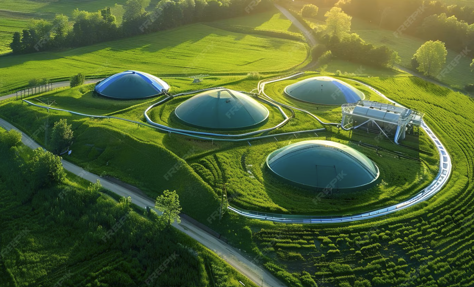 Veduta di un impianto di digestione anaerobica di ultima generazione, con cupole di bio-contenimento per trasformare la frazione organica in biometano e compost, riducendo emissioni e odori