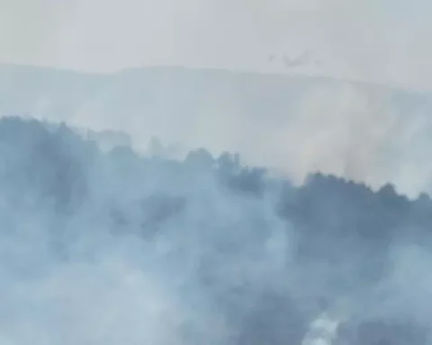 Un fitto fumo si alza dal bosco sul Monte Salviano, dove mezzi aerei e squadre a terra sono impegnati da ore nelle operazioni di spegnimento