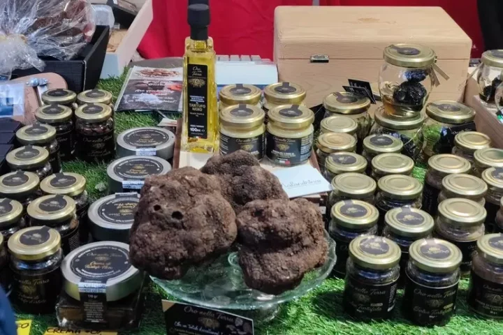 Primo piano di un tartufo nero abruzzese, protagonista della festa di Sante Marie, simbolo dei sapori autentici del territorio