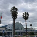 aeroporto d'Abruzzo, nel parcheggio ci sono due palme, le macchine dei passeggeri e d'edificio dell'aeroporto