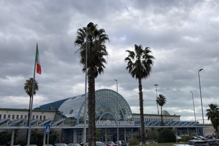 aeroporto d'Abruzzo, nel parcheggio ci sono due palme, le macchine dei passeggeri e d'edificio dell'aeroporto