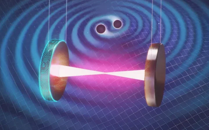 Illustrazione del funzionamento di un interferometro per la rivelazione delle onde gravitazionali. Il nuovo metodo con IA sviluppato da GSSI, DeepMind e Caltech riduce il rumore e aumenta la sensibilità degli strumenti.