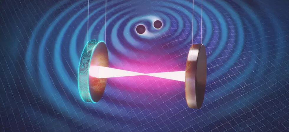 Illustrazione del funzionamento di un interferometro per la rivelazione delle onde gravitazionali. Il nuovo metodo con IA sviluppato da GSSI, DeepMind e Caltech riduce il rumore e aumenta la sensibilità degli strumenti.