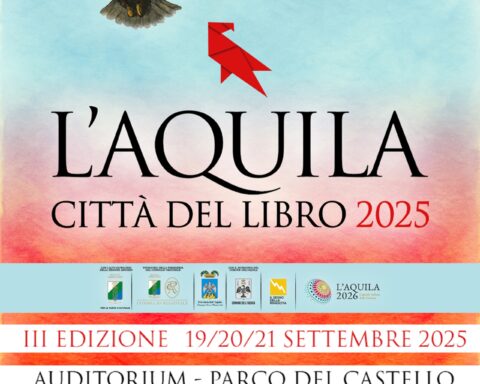 Il manifesto ufficiale della terza edizione di “L’Aquila Città del Libro 2025”, in programma dal 19 al 21 settembre all’Auditorium del Parco.