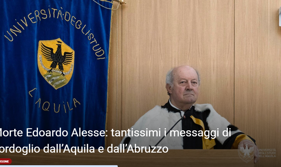 Il rettore emerito dell’Università dell’Aquila, Edoardo Alesse, durante una cerimonia accademica. La sua scomparsa ha suscitato profonda commozione nel mondo universitario e nelle istituzioni.