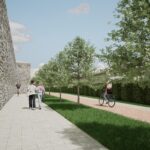 Rendering del progetto di riqualificazione dell’area Rivera, con nuovi percorsi pedonali e ciclabili lungo le mura urbiche. Un intervento previsto nel piano da 24,5 milioni approvato dalla Giunta comunale.