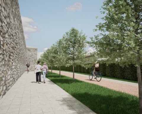 Rendering del progetto di riqualificazione dell’area Rivera, con nuovi percorsi pedonali e ciclabili lungo le mura urbiche. Un intervento previsto nel piano da 24,5 milioni approvato dalla Giunta comunale.