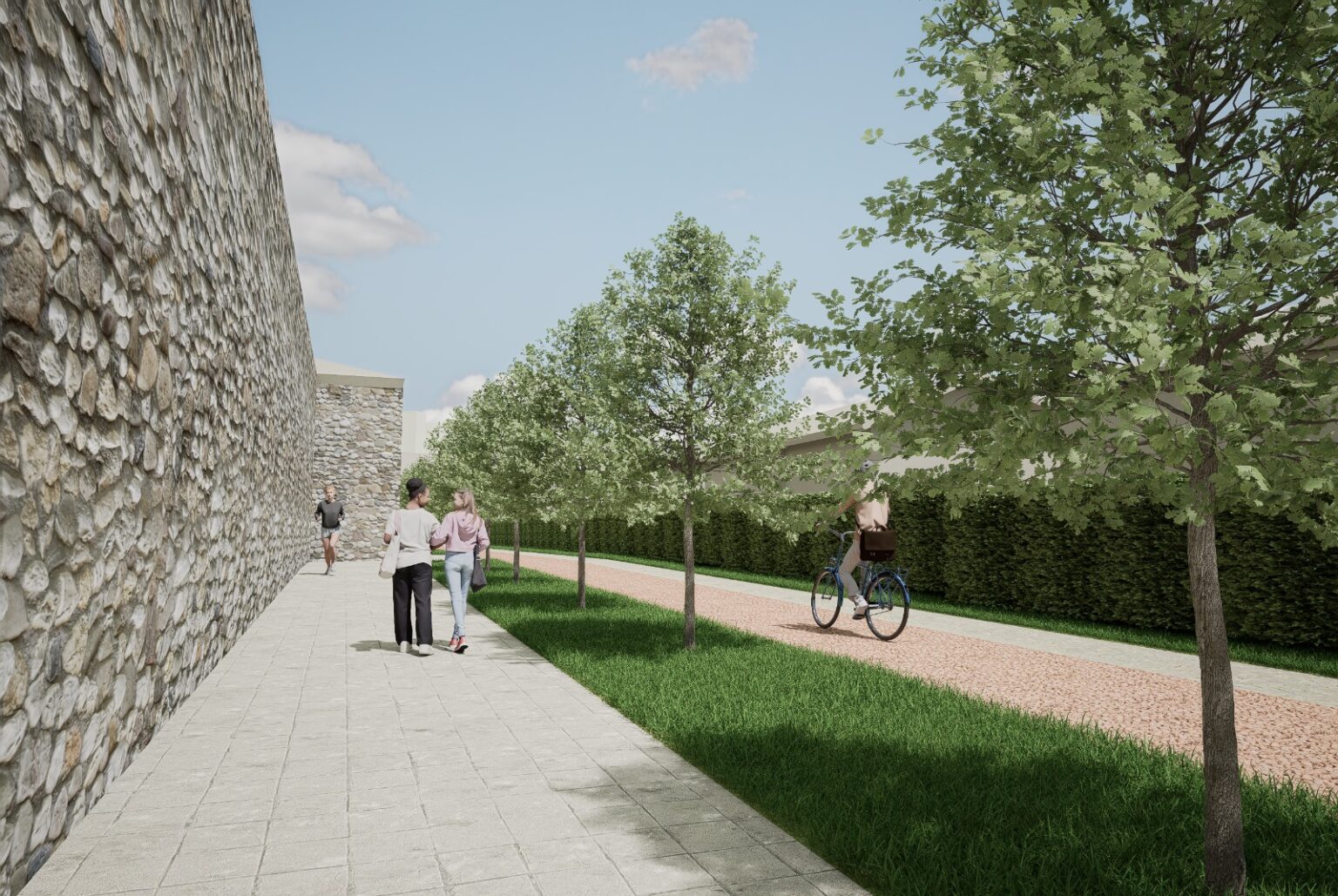 Rendering del progetto di riqualificazione dell’area Rivera, con nuovi percorsi pedonali e ciclabili lungo le mura urbiche. Un intervento previsto nel piano da 24,5 milioni approvato dalla Giunta comunale.