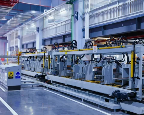 Linea produttiva industriale in uno stabilimento manifatturiero, simbolo delle aziende coinvolte nelle vertenze aperte in Valle Peligna.