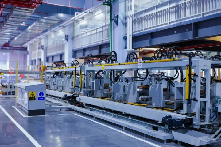 Linea produttiva industriale in uno stabilimento manifatturiero, simbolo delle aziende coinvolte nelle vertenze aperte in Valle Peligna.